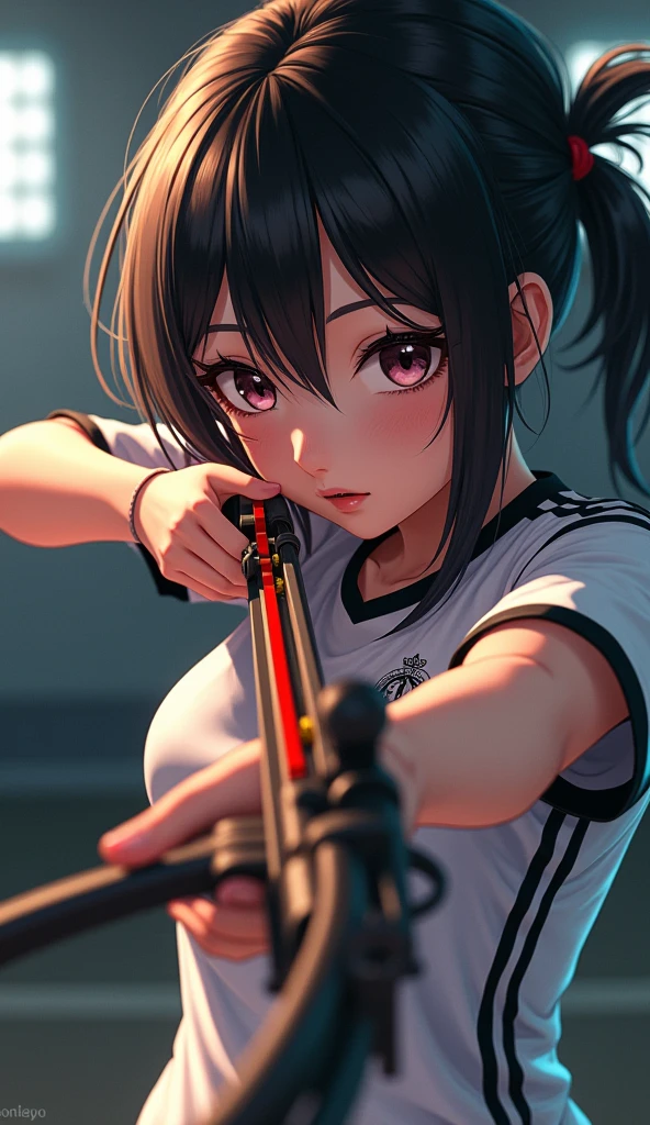 An intense moment at the 2024 Paris Olympics, featuring a determined athlete from Turkey aiming a pistol in a precision shooting event. The athlete has short, silver hair, glasses, and wears a white shirt with 'TÜRKİYE' written on it. Render in dynamic anime style with vibrant colors and dramatic shading, capturing the tension and focus of the moment.