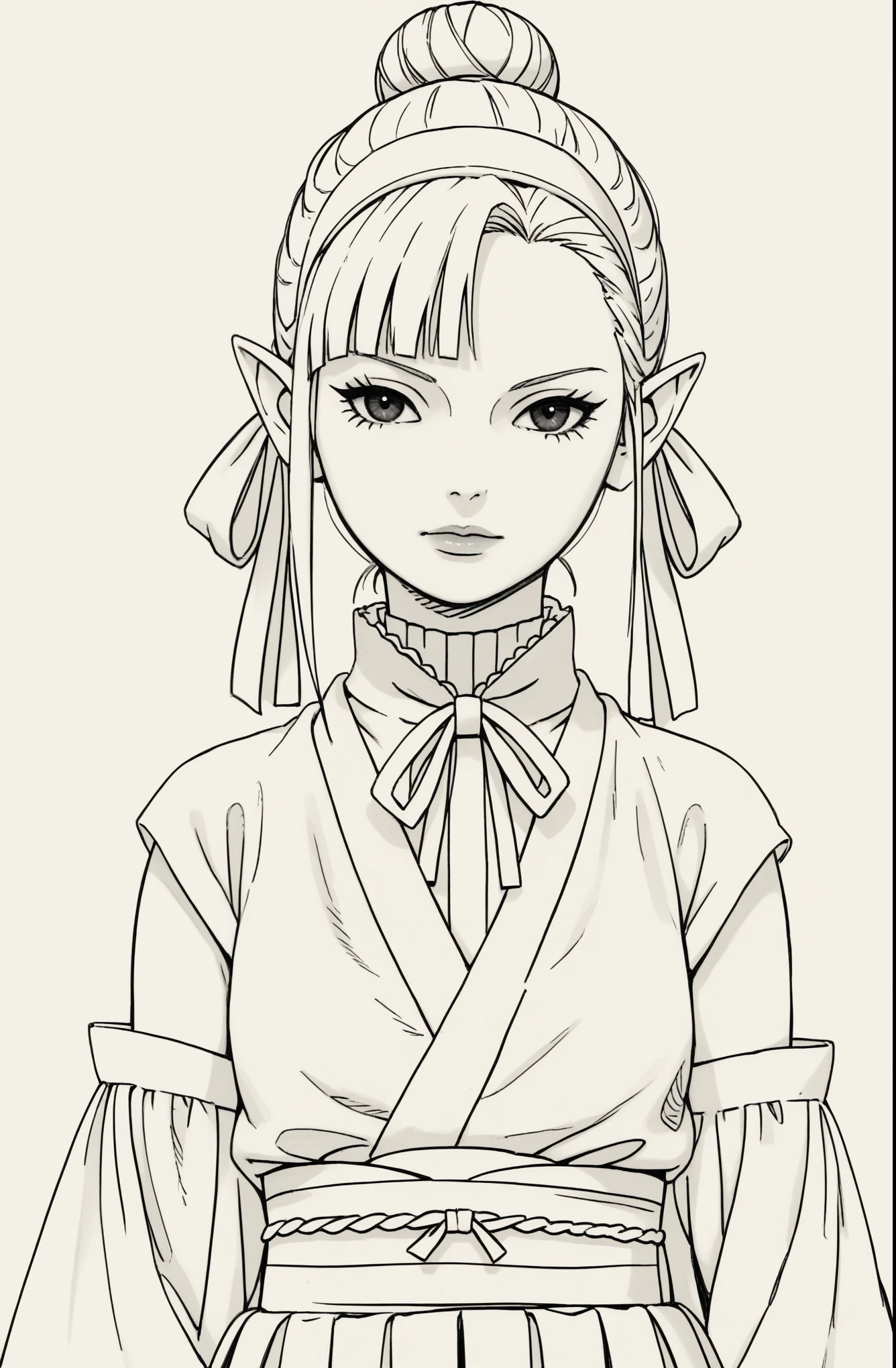 Full shot of an anime character wearing short black and white hakamas, two ribbons {one at each side of her hairband}, white obi with black and white seigaiha pattern, create a digital illustration of full body of a female character with almond-shaped black eyes, elf ears, and round dots instead of eyebrows. For the hairstyle, she should have black hair styled into a single bun at the back of her head, complemented by asymmetrically chopped bangs that transition into a long lock on one side. Her outfit should match short hakama with detached sleeves and frills under the shorts and the sleeves, in a gothic style, featuring intricate white lace patterns, detailed cutouts, and a white obi with a black seigaiha black pattern. The upper part of the outfit should be a sleeveless kimono blouse. The outfit should include layered skirts and ribbon details to emphasize a similar aesthetic. Add a muted background that complements her striking attire and hairstyle. Artwork in the style of guweiz, digital art inspired by the style of Ilya Kuvshinov., detailed anime art, 8k, high resolution, photorealistic, HDR, vivid colors, dramatic lighting, artwork in the style of guweiz, detailed portrait of anime girl, beautiful anime portrait, anime realism style, anime style portrait, anime style 4 k, realistic anime art style, digital art ilya kuvshinov, realistic anime artstyle, ilya kuvshinov. Portrait anime girl, girl wearing black hakama with detached sleeves.