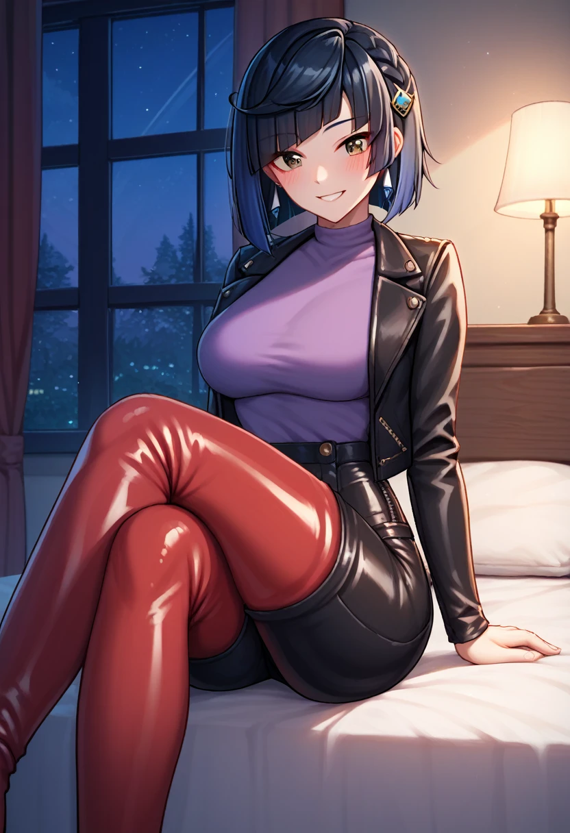 score_9, score_8_up, score_7_up, score_6_up, score_5_up, score_4_up, source_anime, 1girl,yelandef, upper body, smile, blush, dark hair, low dark blue hair, brown eyes, clean hair, leather jacket, purple shirt, leather pants, hairpin, red thigh high boots, crossed legs, evening, room, bed, looking at the viewer, night, best quality, best res, 4K UHD,
 