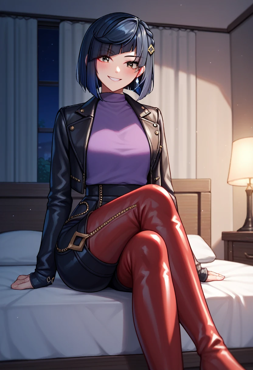 score_9, score_8_up, score_7_up, score_6_up, score_5_up, score_4_up, source_anime, 1girl,yelandef, upper body, smile, blush, dark hair, low dark blue hair, brown eyes, clean hair, leather jacket, purple shirt, leather pants, hairpin, red thigh high boots, crossed legs, evening, room, bed, looking at the viewer, night, best quality, best res, 4K UHD,
 