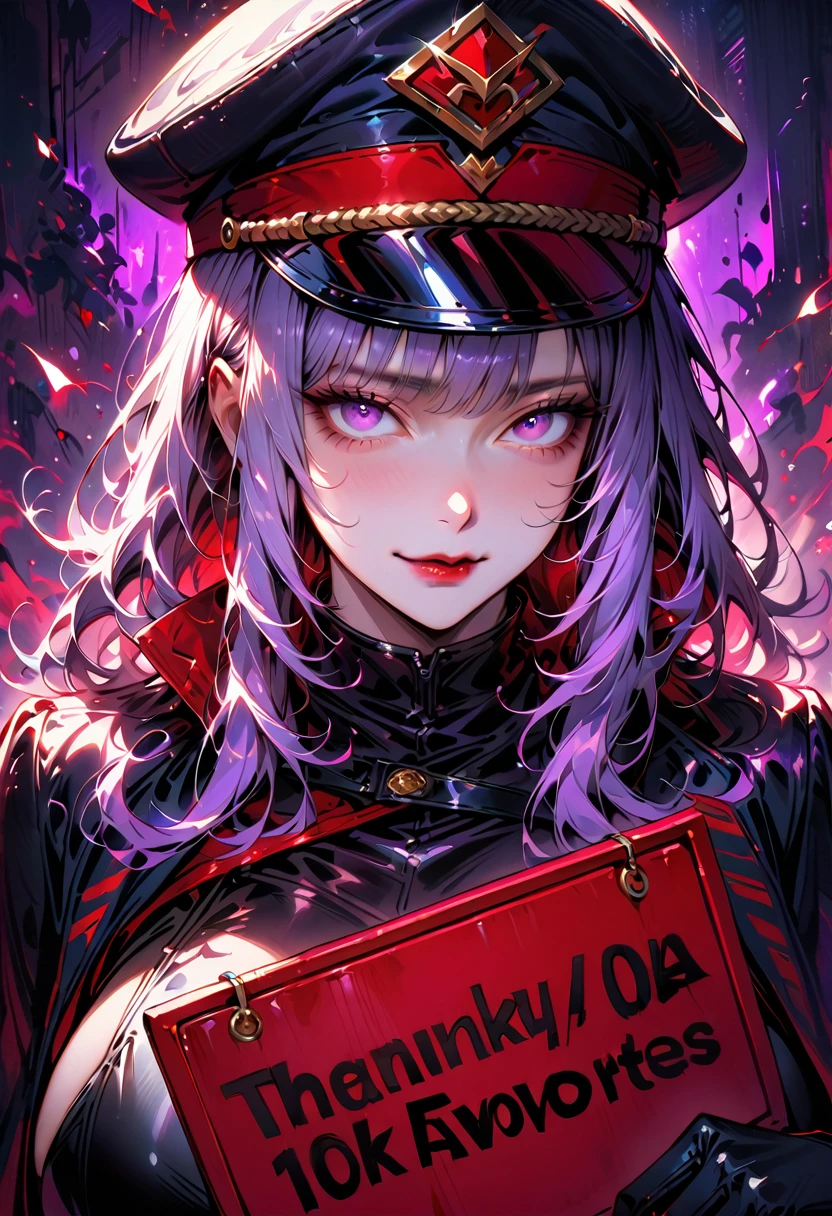 1 mature beautiful woman,(Best Quality,Extremely detailed depiction,Incredibly absurd high definition,Anatomically accurate,Shiny skin,Porcelain-like skin),(Female executive of an evil organization),(Black latex military costume,military hat,Military cloak,Long gloves,),eyelash,Eyeshadow,(Purple Eyes,Crazy Eyes,Eyes half closed:1.5,Large Breasts,A seductive smile,Red lips,Shadowed face),("Thank you 10K favorites"holding a message board that reads:1.5),Looking at the camera,Focus on faces