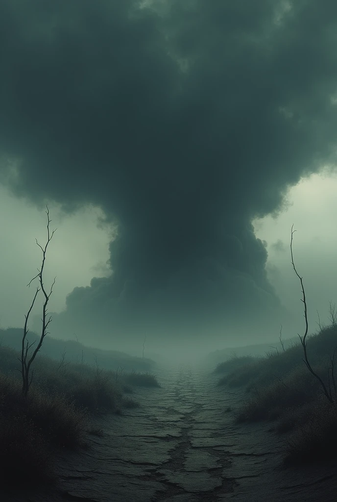 (masterpiece), best quality, the ground split in two showing a huge chasm descending into darkness with smoke rising. dramatic angle, extreme angle shot, low-angle shot, wide-angle shot, dark moody storm-clouds