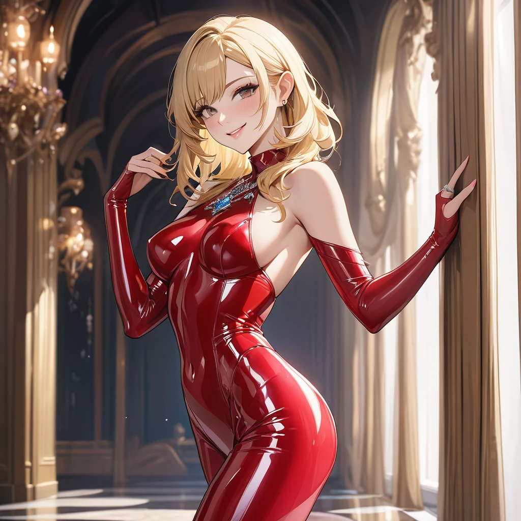 ((Best Quality)), ((masterpiece)), (detailed), （Perfect Face）、The woman is Seras Ashlain, a high elf with medium-long blonde hair wearing a full-body latex suit, luxurious jewelry and an engagement ring.、The woman smiles sweetly and shows off her beautiful body