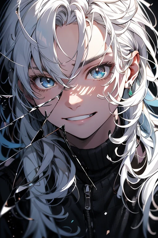 blue eyes, nice young man, White hair, Long hair, bangs, forehead, Long cut eye, evil smile, black skirt costume, nice, handsome, Cool, handsome, Concrete wall on background, grin, high quality, Drawing quantity, pixiv-Illustration, close up face