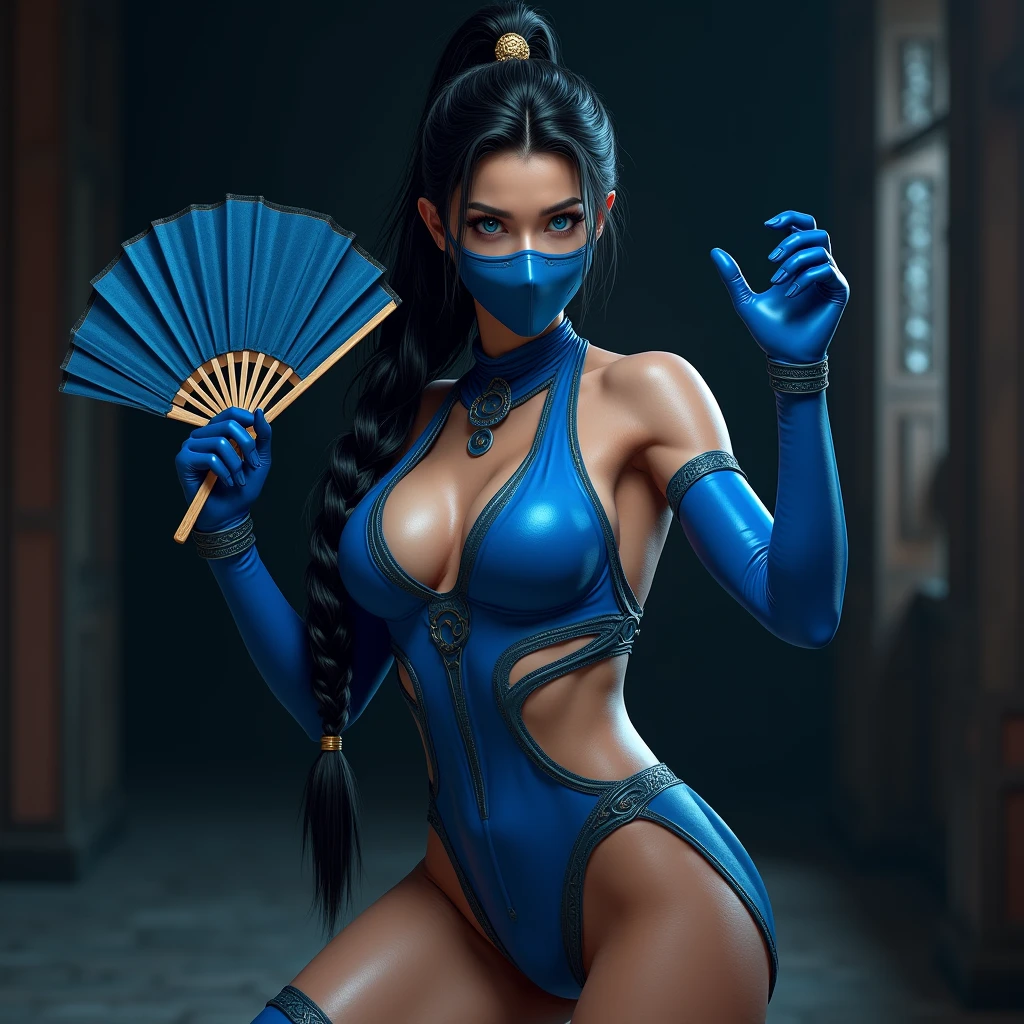 Kitana from mortal kombat wearing a blue leotard a blue mask and a blue headband posing by kicking one of her legs high in the air