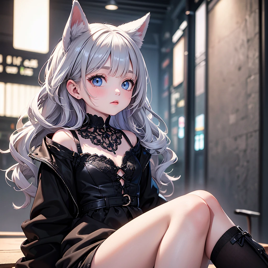 silver hair, dog ears, white dress,wavy hair,delicate features quiet gaze,beautiful half body illustration,beautiful backgraund,atmospheric lighting,sharp focus,vlumetric lighting,cute face,reduce saturation,fine detailed face,small nose and mouth,volumetric top lighting,bold line painting, soft shadow,((masterpiece, best quality)), (1girl), (solo), (female focus),small breasts,flat tits,Lolita,short height,skinny girl,blue eyes,open legs,animal ears,
