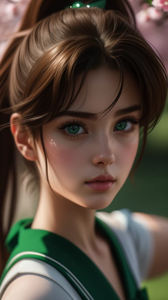 a beautiful young girl with brown ponytail hair, stunning green eyes, delicate facial features, wearing a cute school uniform, standing in a lush garden surrounded by cherry blossoms, (best quality,4k,8k,highres,masterpiece:1.2),ultra-detailed,(realistic,photorealistic,photo-realistic:1.37),intricate details,vibrant colors,soft lighting,cinematic composition,anime style,beautiful detailed eyes,beautiful detailed lips,extremely detailed eyes and face,longeyelashes,1girl, makoto, sailor jupiter, no headpiece