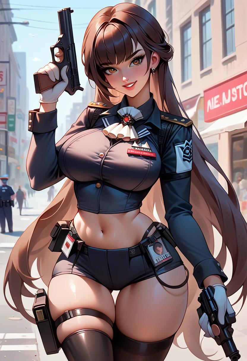 1girl, solo, Marciana, NIKKE, (masterpiece), (best quality), 16K, perfect face, brown eyes, brown hair, very long hair, wearing police uniform, wearing black panties, tactical belt, white gloves, thigh strap, black thighhighs, busty body, large breasts and a beautiful ass, showcasing cleavage, legs, hips, looking at viewer, smile, gun, holding gun, thigh details, detailed full body, street background