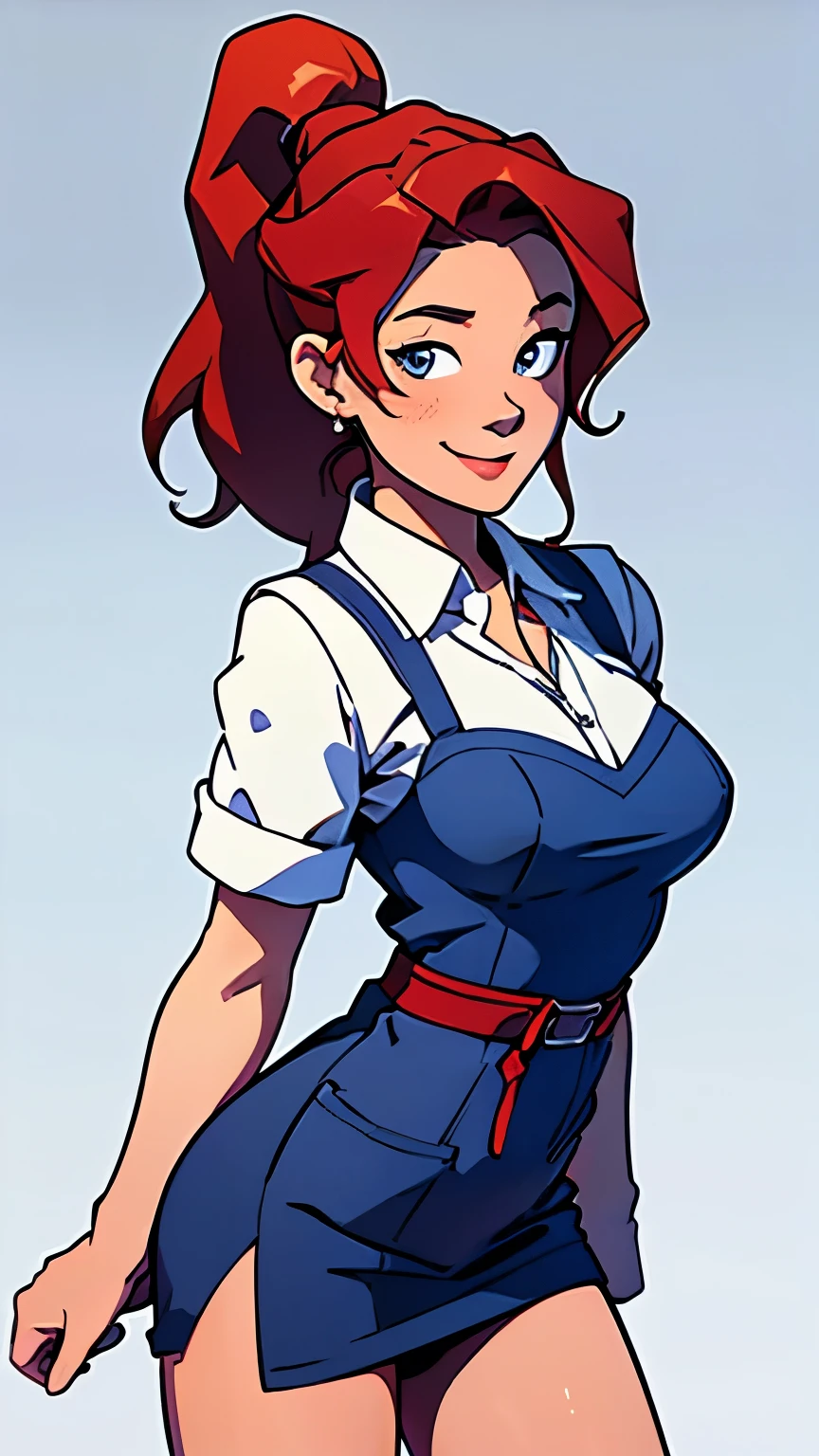 masterpiece, best quality, half body, highest image quality, waitress, looks like Olivia Dunne, bright red hair, ponytail, blue eyes, smiling, large breasts, wearing a waitress uniform, red apron, White background, empty background