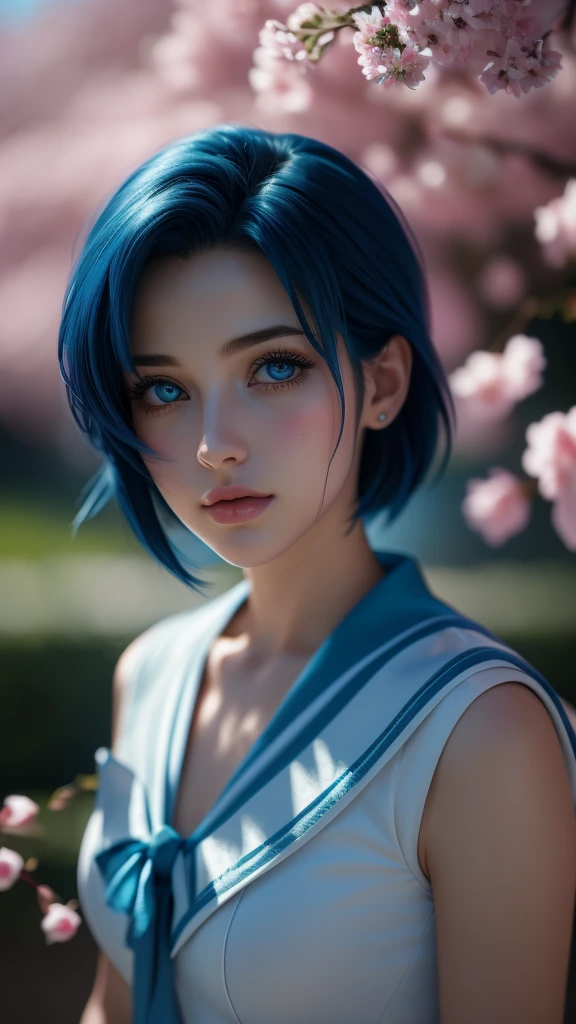 a beautiful young girl with blue bob hair, stunning blue eyes, delicate facial features, wearing a cute school uniform, standing in a lush garden surrounded by cherry blossoms, (best quality,4k,8k,highres,masterpiece:1.2),ultra-detailed,(realistic,photorealistic,photo-realistic:1.37),intricate details,vibrant colors,soft lighting,cinematic composition,anime style,beautiful detailed eyes,beautiful detailed lips,extremely detailed eyes and face,longeyelashes,1girl, ami, sailor mercury