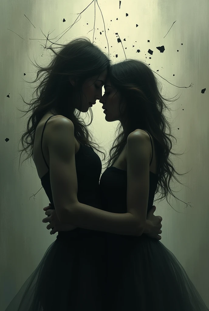 This abstract and haunting album cover uses a broken mirror as its central metaphor，Represents the loss and brokenness caused by addiction. There is a large, There is a crack in the center of the mirror, Each fragment reflects a different part of the woman&#39;s face and body. Some fragments revealed her eyes, Others use her hands, Some only show holes, dark空洞, It symbolizes what she has lost.. Reflections are distorted and blurry, conveying the confusion and chaos of her inner struggle. Around the mirror, dark, The foggy atmosphere creates a feeling of isolation and despair. A dim light shines through the cracks in the mirror, Embers of light, Hinting at the past &quot;fire&quot;, It&#39;s almost invisible now.. The background is a deep, A mix of shades of grey and black, feeble, 过去记忆的幽灵般的影像渐渐消失在dark中. The overall effect is fragmentation and loss, Visually demonstrate the emotional and psychological toll of addiction.