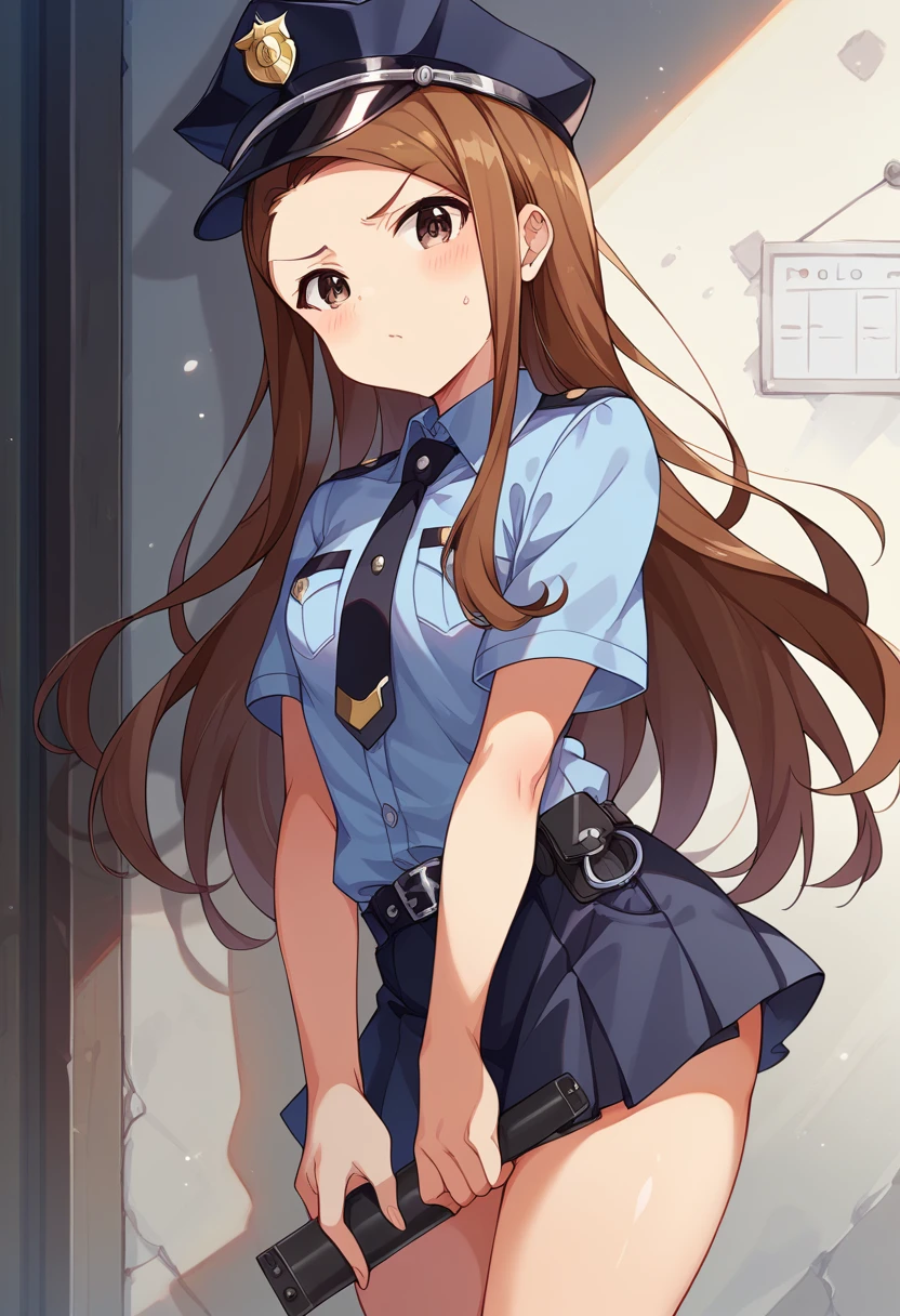 Minase Iori、Brown Hair、Long Hair、Black police uniform、mini skirt、Black clothes、Small breasts、