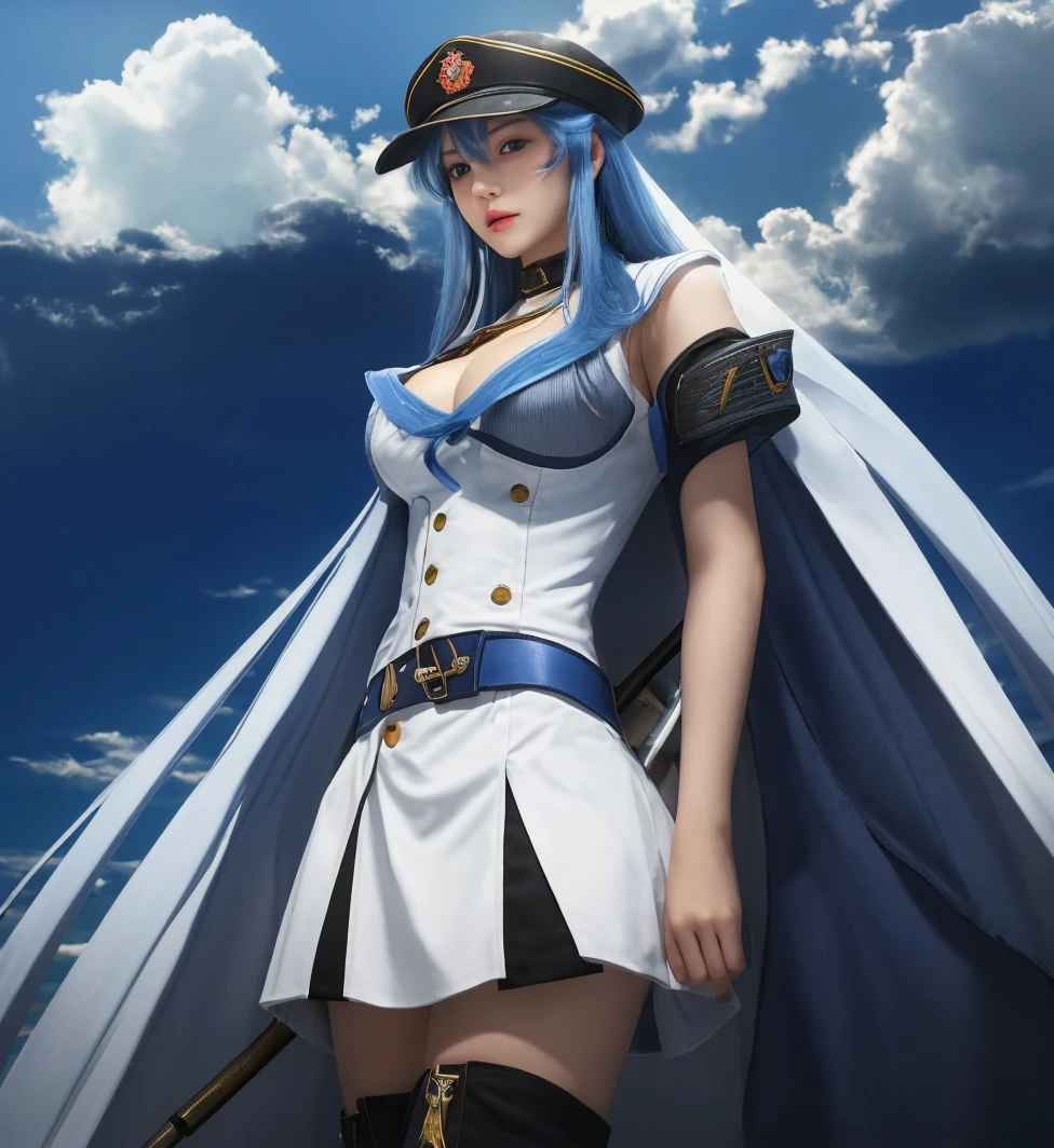 <lora:helmV1:0.6>, (helm:1.3), ulzzang-6500-v1.1, pureerosface_v1, best quality, masterpiece, illustration, (realistic, photo-realistic:1.37), amazing, finely detail, incredibly absurdres, huge filesize, ultra-detailed, highres, extremely detailed CG unity 8k wallpaper, beautiful detailed girl, extremely detailed eyes and face, beautiful detailed eyes, ray tracing, heavy breathing, blush, torogao, orgasm, embarrassed, drunk, fucked silly, naughty face, nude, nsfw,, ulzzang-6500-v1.1, pureerosface_v1, best quality, masterpiece, illustration, (realistic, photo-realistic:1.37), amazing, finely detail, incredibly absurdres, huge filesize, ultra-detailed, highres, extremely detailed CG unity 8k wallpaper, beautiful detailed girl, extremely detailed eyes and face, beautiful detailed eyes, ray tracing, heavy breathing, blush, torogao, orgasm, embarrassed, drunk, fucked silly, naughty face, nsfw, 1girl, blue eyes, blue hair, long hair, bangs, hair intakes, military hat, hairband, military uniform, buttons, aiguillette, epaulettes, white coat, armband, white belt, white gloves, white shorts, high heels, Amidst the vast expanse of the battleship deck, a fearless young woman stands tall. Her presence commands attention as she gazes out at the endless horizon, the wind gently tousling her hair. Dressed in a sleek military-inspired outfit, she embodies strength and determination. With a focused expression, she holds a powerful weapon, ready to defend and protect. The metallic clang of machinery and the rhythmic thumping of the ship's engines create a backdrop of intensity. As the waves crash against the ship, she remains steadfast, embodying resilience and courage in the face of adversity.