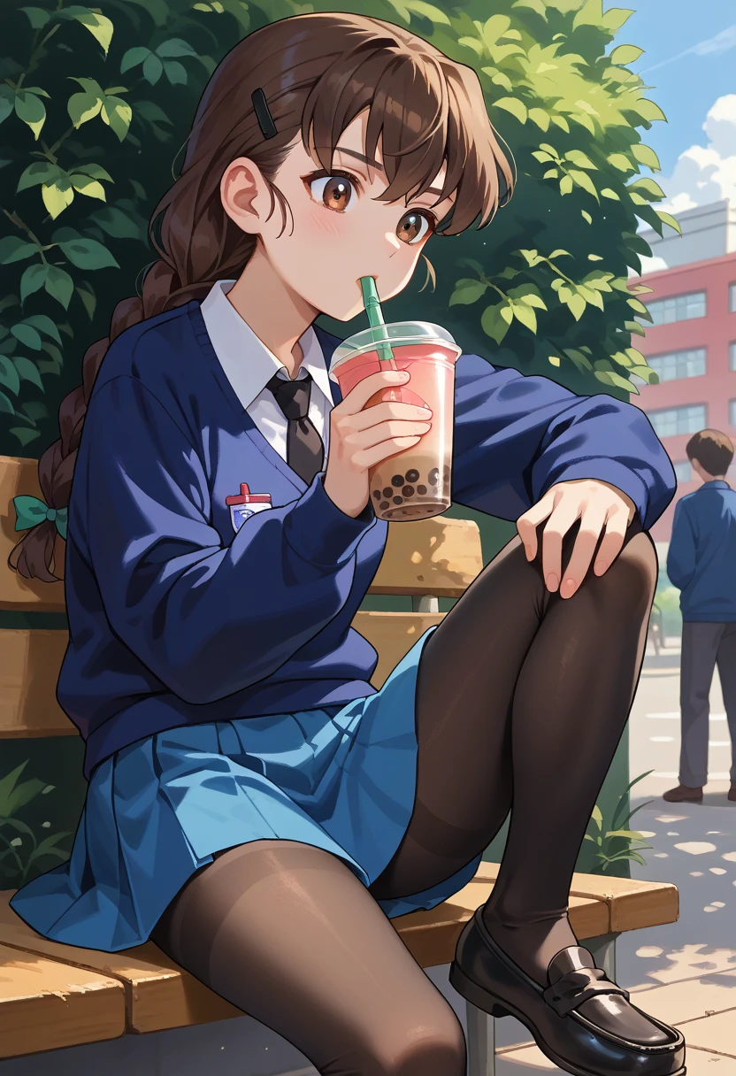 score_9, score_8_up, score_7_up, score_6_up,  ((solo))
 1girl,  single braid, hair over shoulder, brown eyes, long hair, bangs, braided ponytail, hairclip, hair ribbon, hair ornament,   st. gloriana's school uniform,blue sweater,black necktie,shirt,long sleeves,blue skirt,pantyhose,black pantyhose,loafers,black footwear 
, public park, drinking bubble tea, holding