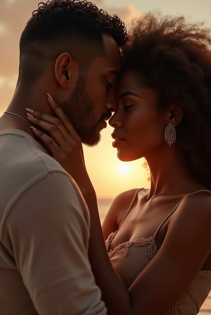 Masterpiece, a couple, Caucasian man, afro woman, love, kiss, high detail, perfect anatomy, photorealistic.