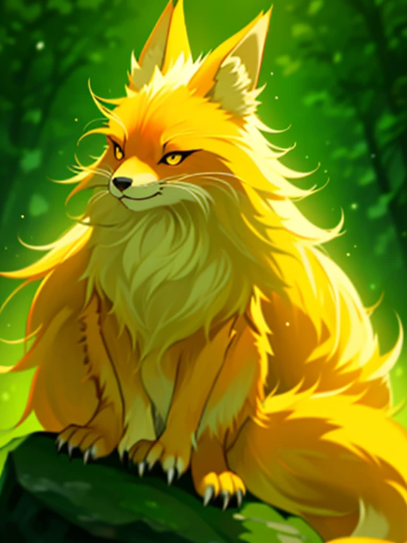 red fox, yellow fur, female, vixen, fox tail, beautiful, cute, sexy body, hair, yellow hair, yellow eyes, smile, smiling out of hilarity, laughing, giggling cutely, her hand covering her mouth from laughter, paw covering mouth, highest quality, high quality illustrations, masterpiece, Ultra-high resolution, Absurd, Perfect Anatomy, performance, Good lighting, anthro, furry, in a forest, boulder, pine tree, front view, sitting on a boulder, looking at viewer, head turned slightly away from viewer, smug grin, safe for work, wearing a cozy sweater