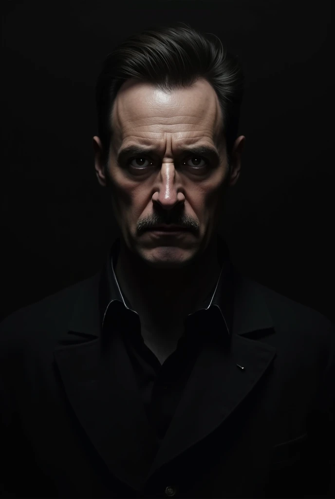 Close-up of a man sitting on a chair, in a dark room. His gaze is intense and anguished. The sound of pendulum clocks and labored breathing.