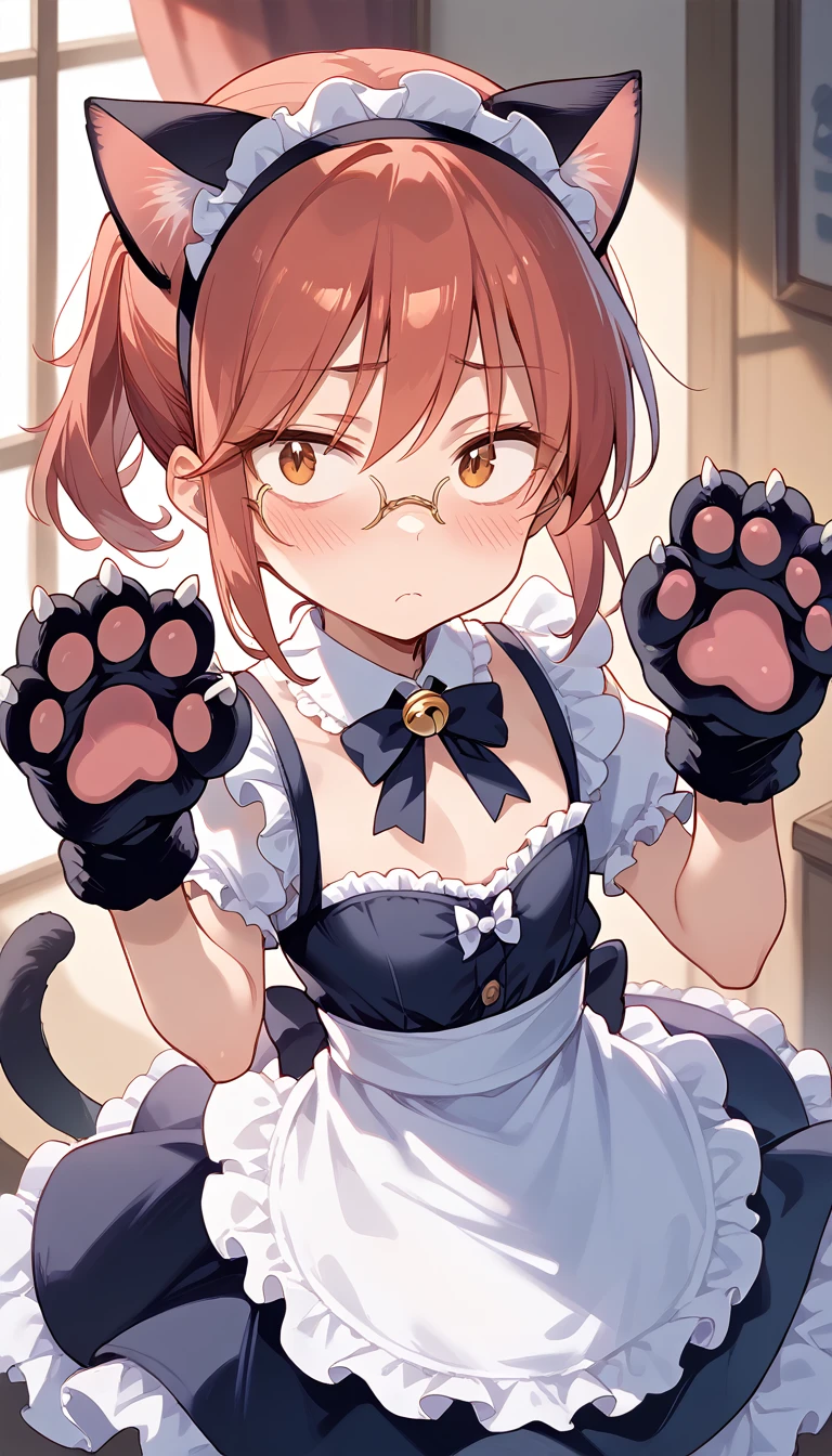 Cat gloves with four fingers:1.2, blushing Kobayashi, dynamic angle, Large cat paw gloves, fake cat paws, Cat ear headband, Cat gloves with four fingers:1.2, Blushing, frowning, Revealing maid costume, without claws, 