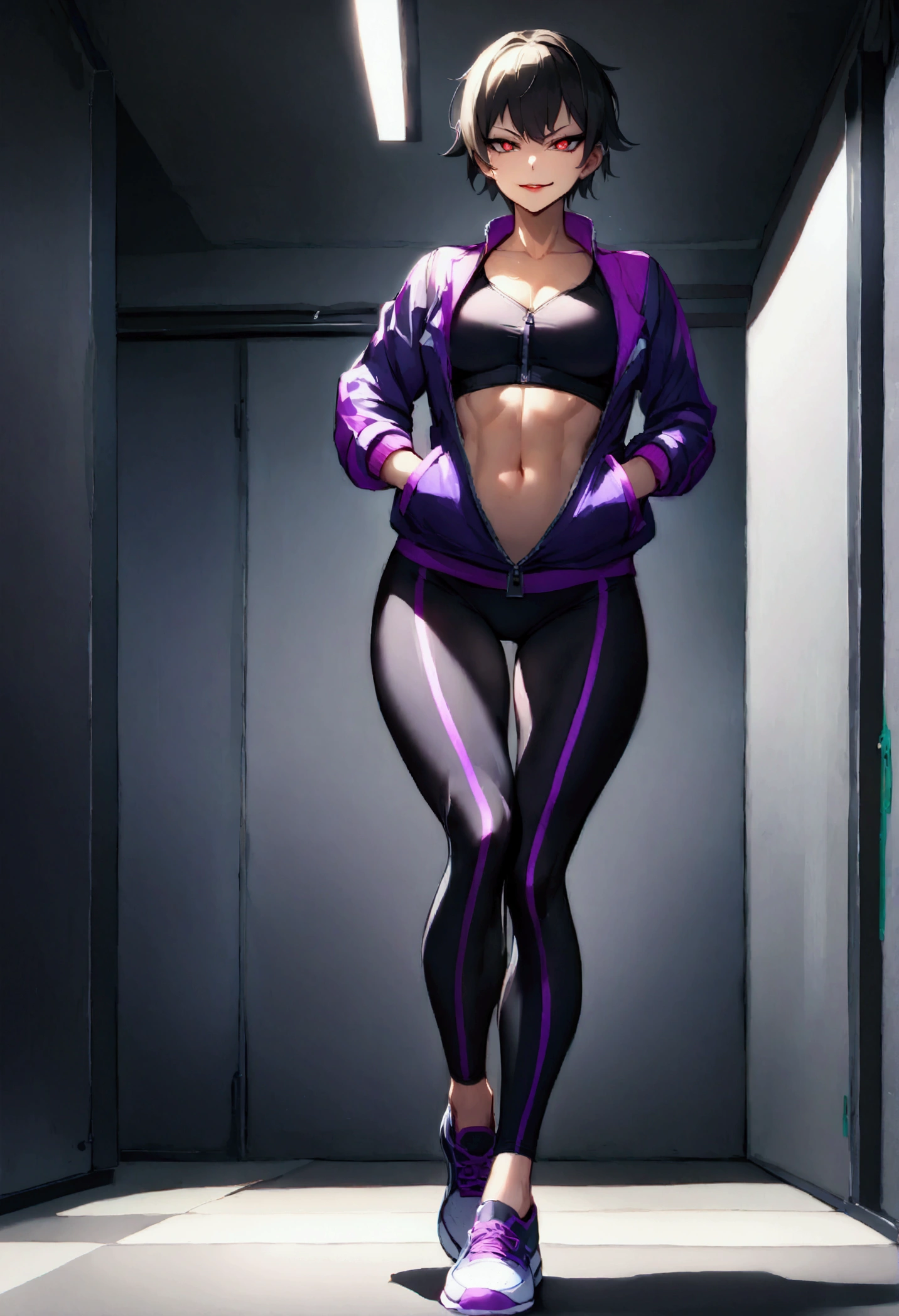 beautiful young fitness girl with , in a gym wearing May with black tights, white and purple tight gym jacket. Alone,red eyes glowing,evil smile,legging preto ,labiaa,dark eye shadow,eyes shining,hands in pockets,neckline,half open jacket zipper,Tight black shirt,white sports sneakers,short hair with purple details,beautiful curves,whole body
