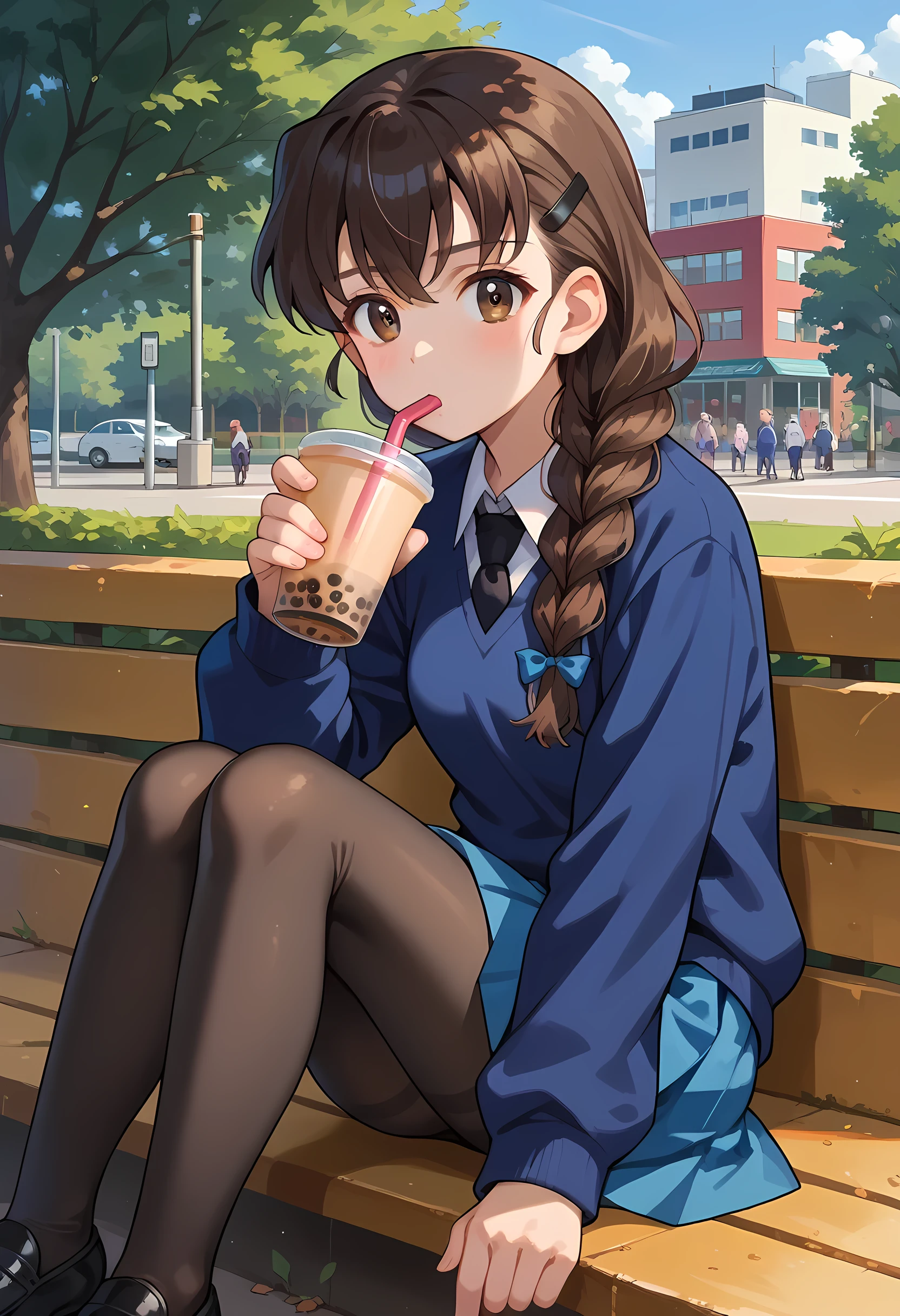 score_9, score_8_up, score_7_up, score_6_up,  ((solo))
 1girl,  single braid, hair over shoulder, brown eyes, long hair, bangs, braided ponytail, hairclip, hair ribbon, hair ornament,   st. gloriana's school uniform,blue sweater,black necktie,shirt,long sleeves,blue skirt,pantyhose,black pantyhose,loafers,black footwear 
, public park, drinking bubble tea, holding