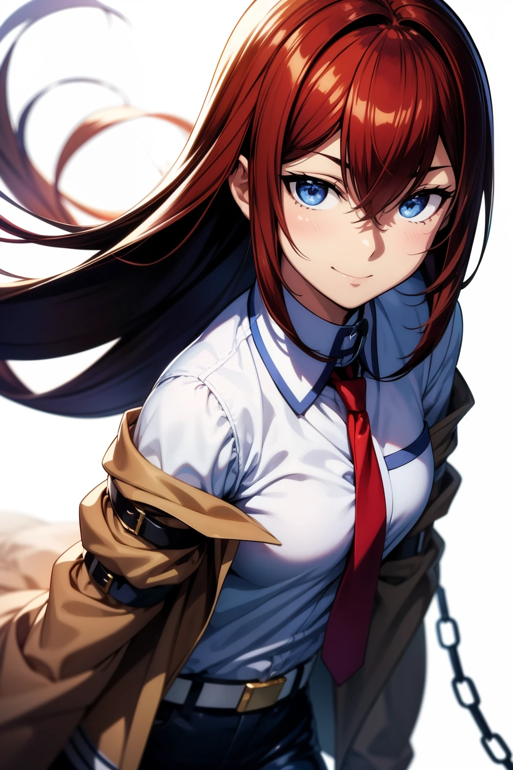 masterpiece、Best Quality、High resolution、Detailed face、((anime、anime塗り、animeカラーリング、RAW Photos)),makise kurisu,1girl, bangs, belt, blue eyes, chain, chained, gloves, ground vehicle, hair between eyes, jacket, long hair, looking at viewer, makise kurisu, necktie, dark blown hair, shirt, Alone, smile、Random Pause、Random Angle、Dynamic Angle、Dynamic Pose、Simple Background、