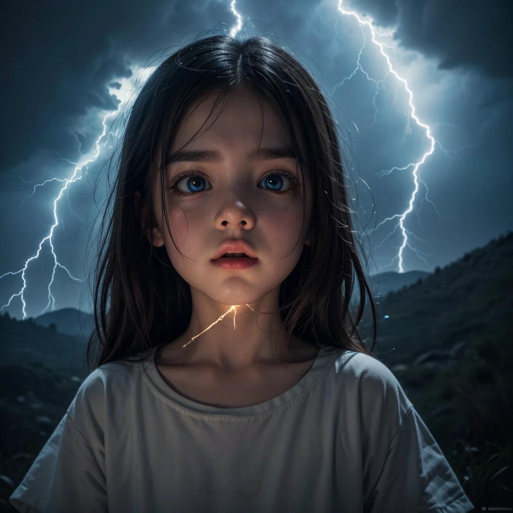 A closeup of a child with a hair style with a lightning bolt sticking out of it, cinematic lightning and colors, cabelos eletrificados, electric hair, cinematic colorful lightning, colorful magical effects, The Electric Boy, lightning fantasy magic, electric color, amazing lighting effect, efeitos de raios, aura de eletricidade, fiber optic hair, photo manipulation, eletrizante, little girl with magical powers