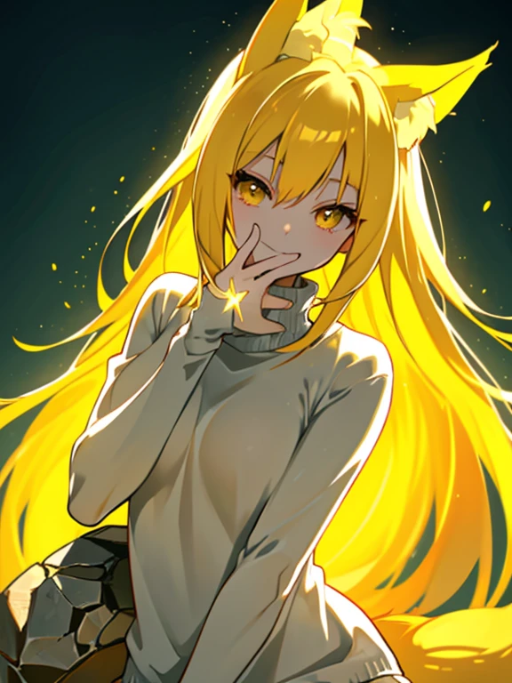 female, fox ears, fox tail, beautiful, sexy body, hair, yellow hair, yellow eyes, smile, smiling out of hilarity, laughing, giggling cutely, her hand covering her mouth from laughter, hand covering mouth, highest quality, high quality illustrations, masterpiece, Ultra-high resolution, Absurd, Perfect Anatomy, performance, Good lighting, in a forest, boulder, pine tree, front view, sitting on a boulder, looking at viewer, head turned slightly away from viewer, smug grin, safe for work, wearing a cozy sweater