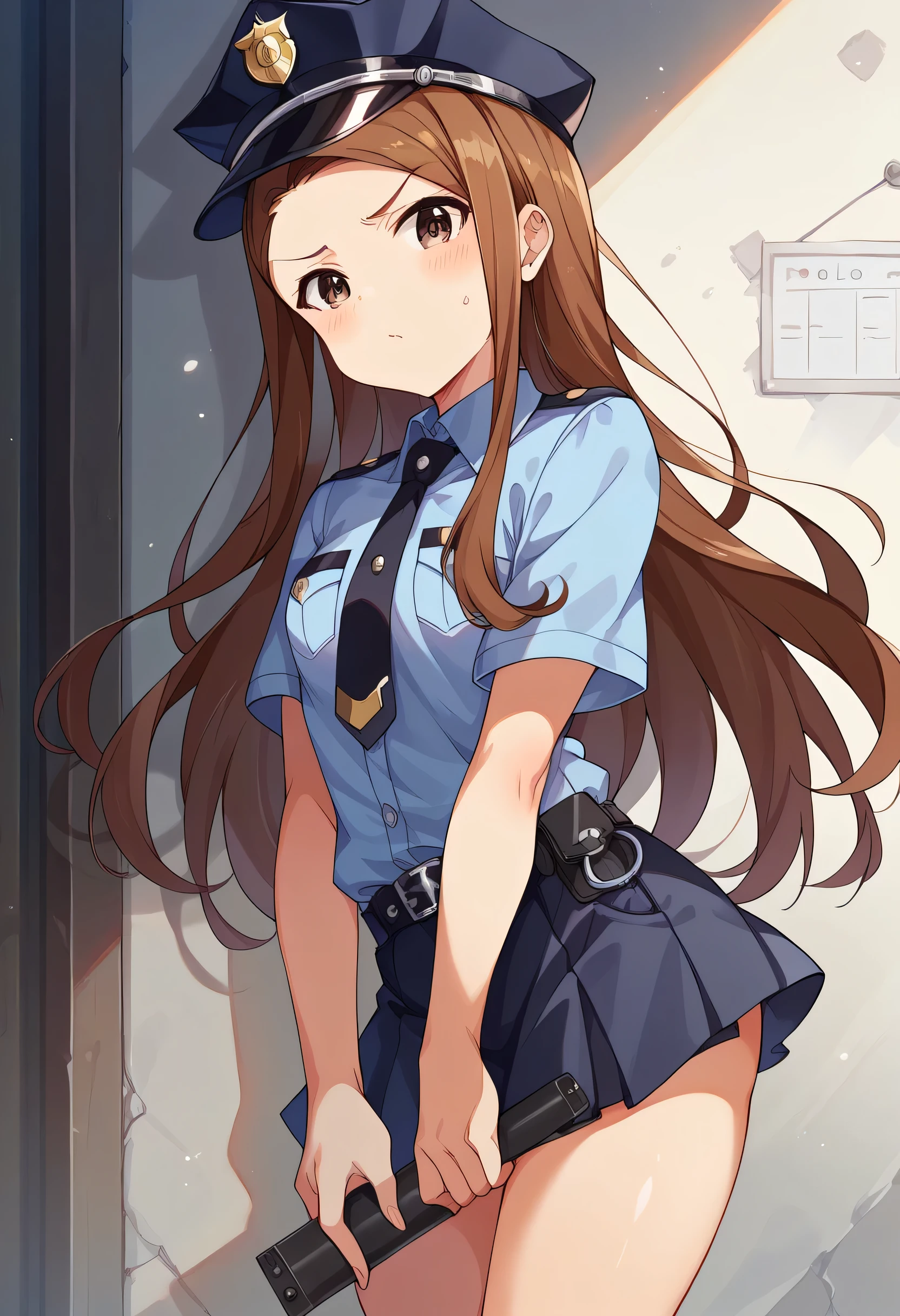 Minase Iori、Brown Hair、Long Hair、Black police uniform、mini skirt、Black clothes、Small breasts、