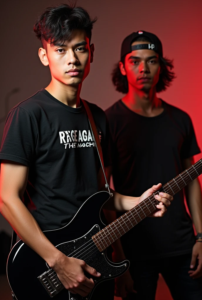 realistic photography, young Indonesian man's face with a cool style. wearing a black t-shirt that says RAGE AGAINT THE MACHINE, standing next to him. A man wearing a black snapback similar to TOM MORELLO, a black t-shirt, holding a black Fender Signature Stratocaster guitar that says "SOUL POWER" in a cool music studio. Ultra-realistic 8K photograph, shot with a Leica Q2, strong color contrast and sharp clarity --quality 2 --