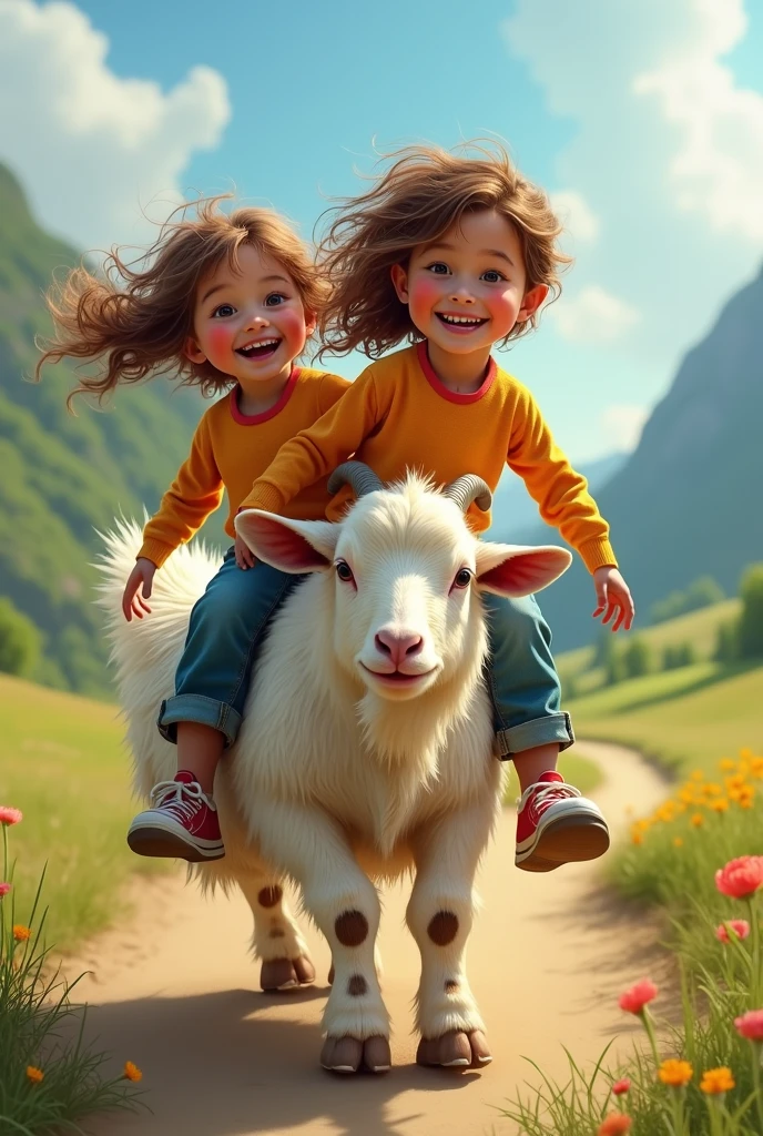 3 cute and beautiful Indonesian little girls, straight hair, wear a t-shirt, Shorts, wear sneakers, laughing face while riding a goat, evening atmosphere, near the rice fields, ultra details, minim diffect, hd ultra images