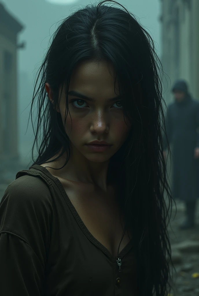 a distressed female prisoner in chains, detailed face, intense expression, ragged clothing, dark prison cell, dramatic lighting, gritty realistic style, cinematic composition, high contrast, muted color palette, strong shadows, depth of field, photorealistic, 8k, best quality, masterpiece