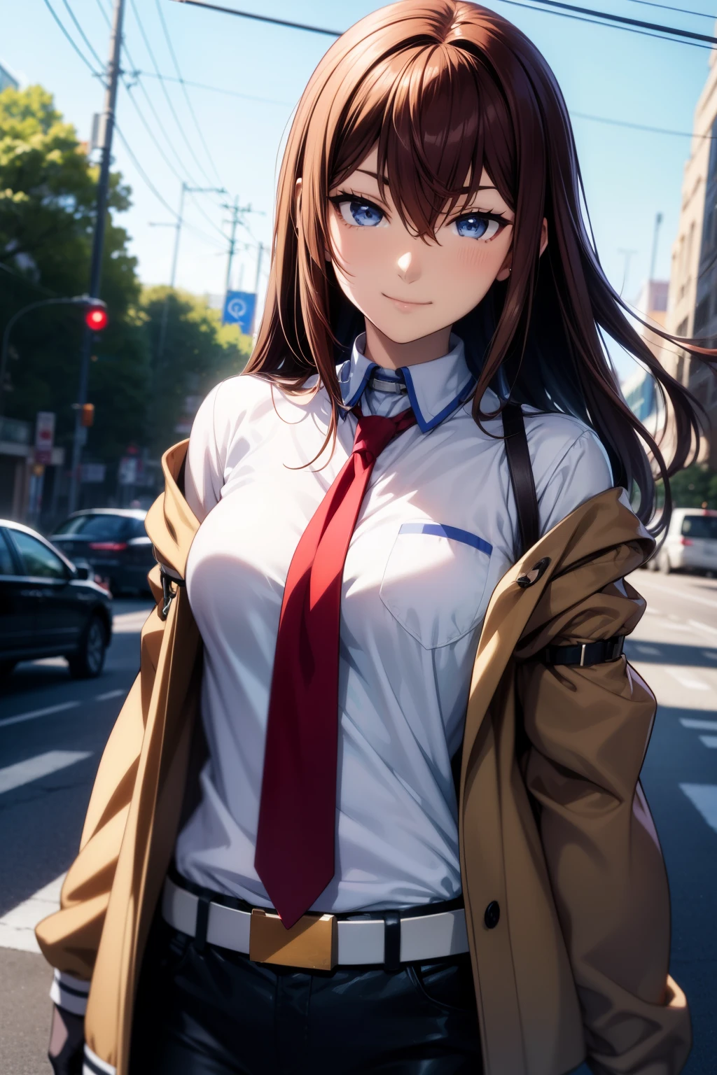 masterpiece、Best Quality、High resolution、Detailed face、((anime、anime塗り、animeカラーリング、RAW Photos)),makise kurisu,1girl, bangs, belt, blue eyes, chain, chained, gloves, ground vehicle, hair between eyes, jacket, long hair, looking at viewer, makise kurisu, necktie, dark blown hair, shirt, Alone, smile、Random Pause、Random Angle、Dynamic Angle、Dynamic Pose、Simple Background、