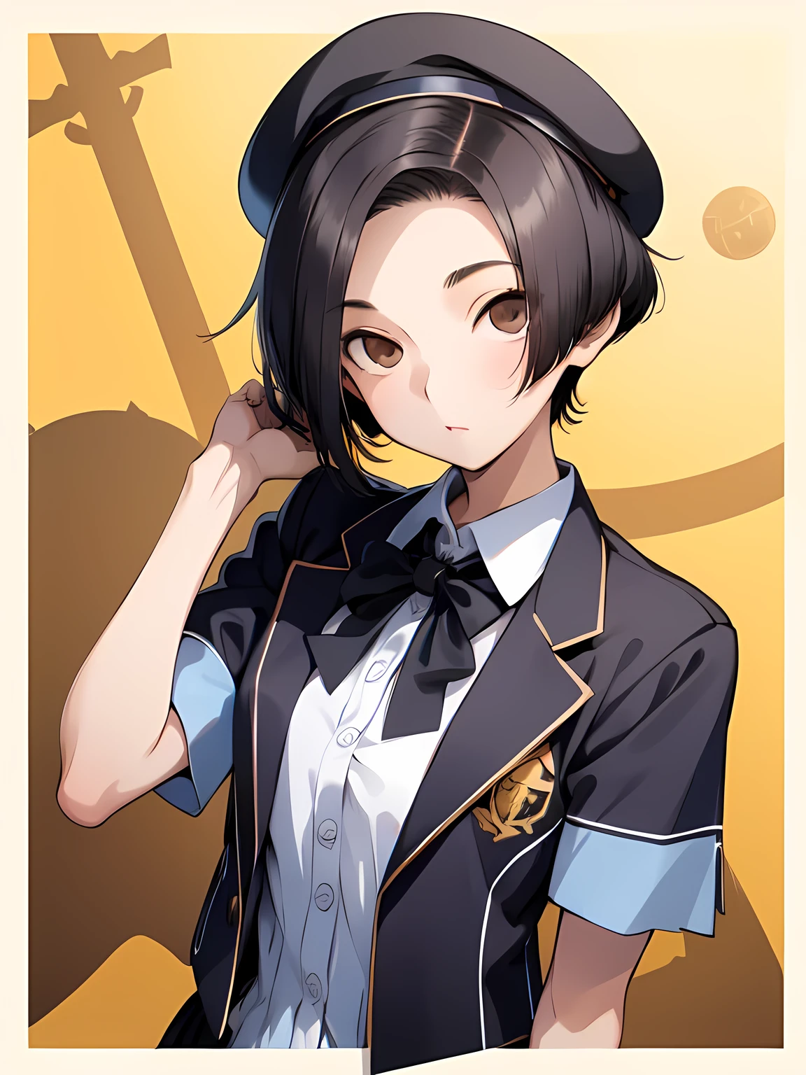 (((Treasure))), girl, Alone, short hair, black hair, bob cut,idol clothes,dress,collared dress,jacket,cropped jacket,short sleeves,bowtie,bow,buttons,hat,beret