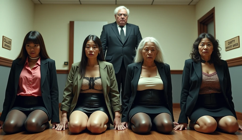 onoff, candid photo of 3 women, wearing dark business attire, talking, (holding a microphone), serious expression, giving a press conference at a courthouse, a crowd of people, full body shot, hairy pussy <lora:onoff4:1> <lora:hairy:0.4>