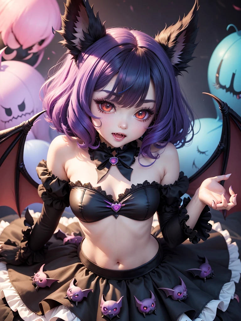 one girl,high stature,Early twenties,(((red eyes,purple hair))),mole under eye,drooping eyes,midium short hair,hair between eyes,muscle girl,large thighs,((flat chest)),ahoge,tareme,
(sheer halloween costume,halloween wizard costume),((violet tailcoat,purple long sleeves)),violet corset,purple long skirt,((purple mini silk hat)),off_shoulder,violet stripe stockings,purple dog collars,see-through,
mephistopheles the Fallen Angel,smile,open mouth,cinematic lighting,((shiny skin)),high resolution,(symmetrical clear eyes:1.3),(halloween pumpkin), jack-o'-lantern,(armpits),
(halloween london background),gloomy,sense of depth,4k,absurdres,(dynamic pose),dynamic angle,best quality,masterpiece,Detailed illustration,Destructive art,opulent,