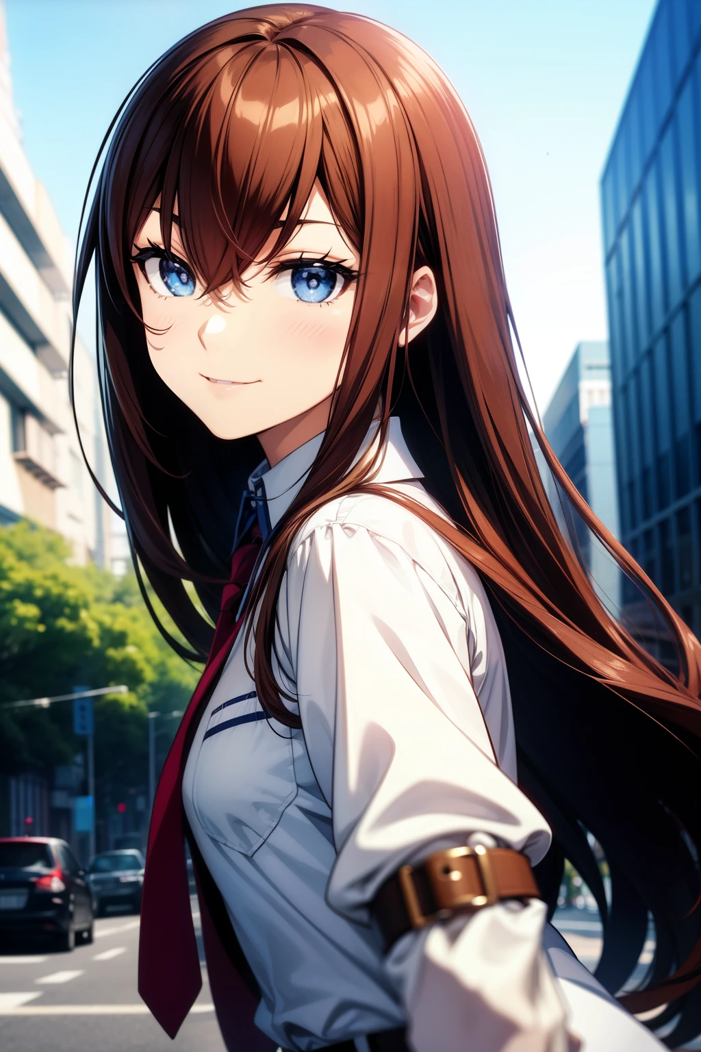 masterpiece、Best Quality、High resolution、Detailed face、((anime、anime塗り、animeカラーリング、RAW Photos)),makise kurisu,1girl, bangs, belt, blue eyes, chain, chained, gloves, ground vehicle, hair between eyes, jacket, long hair, looking at viewer, makise kurisu, necktie, dark blown hair, shirt, Alone, smile、Random Pause、Random Angle、Dynamic Angle、Dynamic Pose、Simple Background、