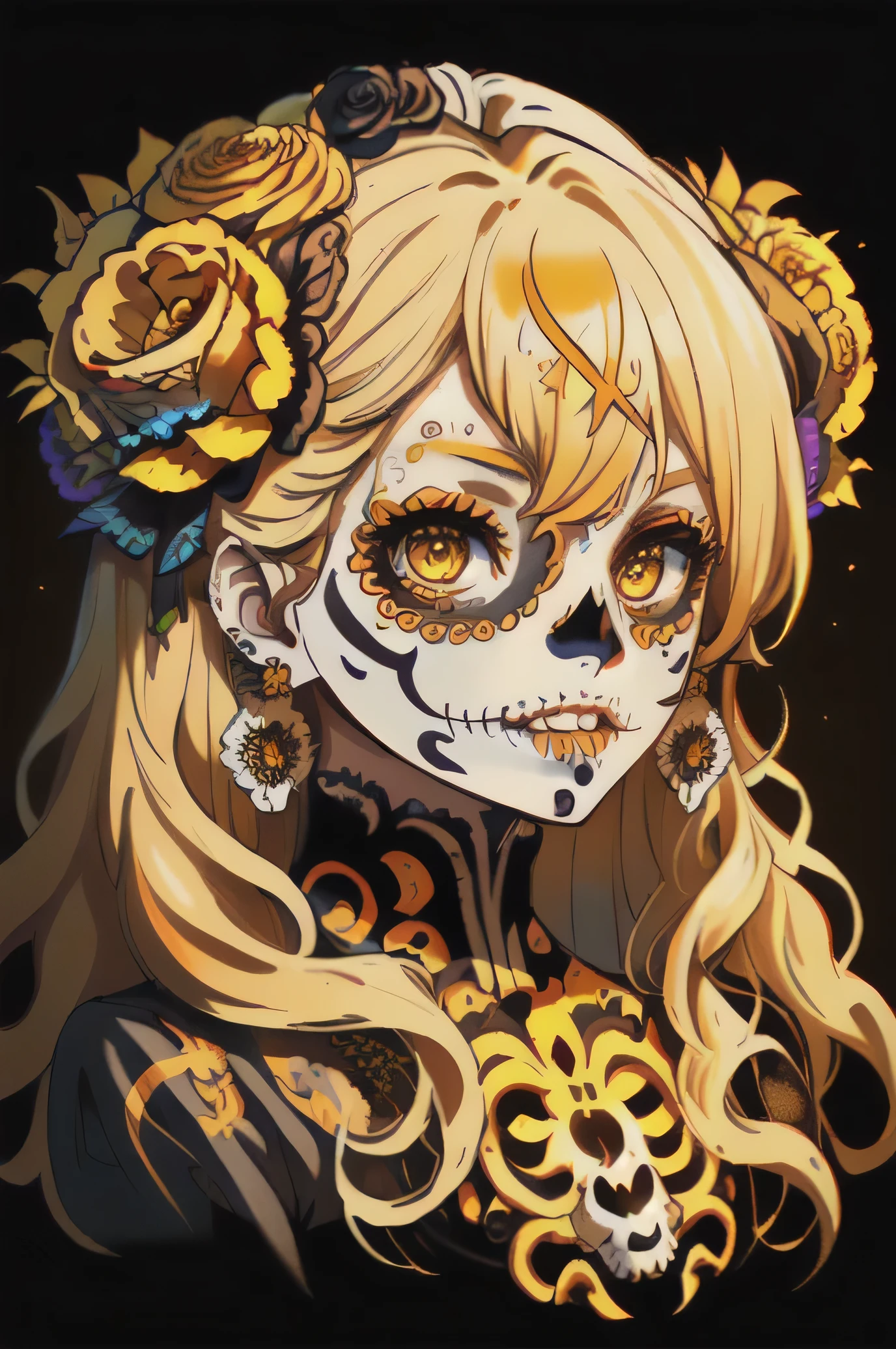 Calavera_Skull, 1girl, solo, long hair, looking at viewer, blonde hair, simple background, hair ornament, jewelry, yellow eyes, flower, earrings, teeth, hair flower, tattoo, mask, wavy hair, black background, portrait, orange flower