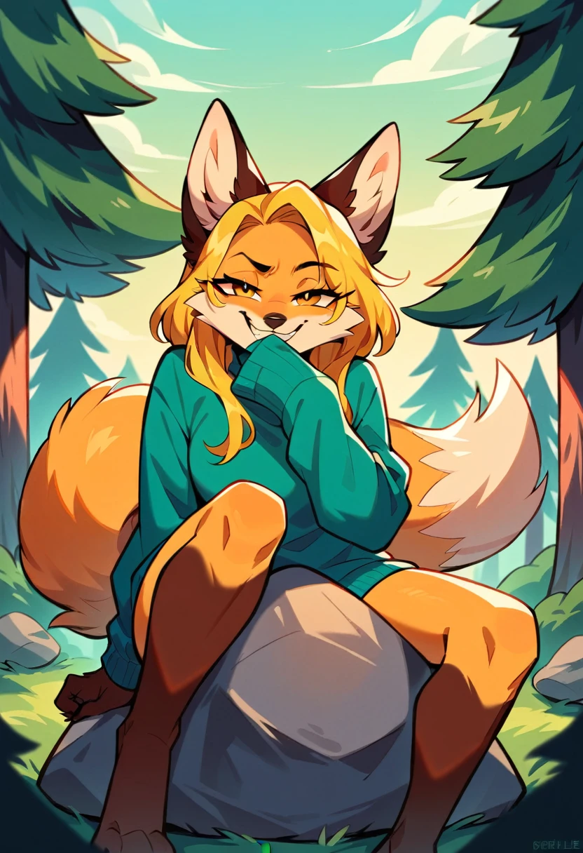 by reysi, ((deailed green eyes)), Best quality, super detailed illustration, warm colors, Ideal lighting, beautiful and detailed portrait of an anthropomorphic vixen ((female)), anthro fox girl, body fur, chest fluff, flat chest, sassy, sassy hips, sexy, cute, nice, hot, wide hips, (fur:1.5) ,smug face, disheveled thick hair, mischievous smile, slim, perfect body, speech bubble, heart, hearts, on knees, in a forest, night, rain, wet fur
