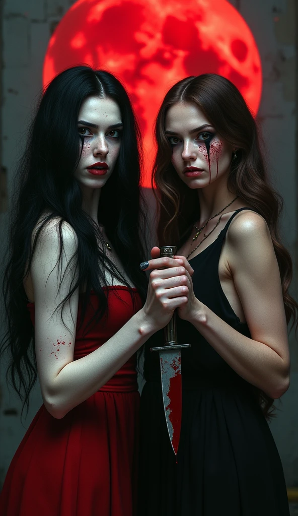 A dramatic photograph taken in an office setting features three different slender business ladies, each with a model appearance, blonde and brunette sitting in flirty poses on the muddy floor and their clothes completely blood and mud covered, they smear blood and mud on own all clothes. Their very long, straight hair is disheveled, stained in blood, cascades over their shoulders as they look directly at the viewer. They are dressed in dark elegant business skirt suits made from cotton and wool fabric, including long business pencil skirts, torn and ripped jackets, vests, torn white button-up shirts. The jackets, vests, and skirts are soiled with a thick, white, viscous liquid that drips down their clothing, creating a striking contrast against the cotton fabric. They smeared a lot of blood, mud on their skirts, jackets, vests, shirts, stockings, faces, and hair from head to toe. Their jacket, skirt are very torn, ripped, tired and muddy, dirty. The liquid blood and mud covers their clothing, leaving many visible stains and streaks. They wear black chokers around their necks, adding to the eerie and unsettling atmosphere. Their smear dirt on own clothes. The background shows a muddy basement. The lighting is artificial and evenly distributed, highlighting the subjects' faces and upper bodies while creating soft shadows. The overall mood is dark, intense, and eerie, emphasized by the low-key lighting and the contrast between the clean, organized office space and the disheveled appearance of the women. The cool color palette and high contrast between the subjects and their surroundings contribute to the dramatic atmosphere, creating a sense of tension and foreboding in this surreal, otherworldly setting.