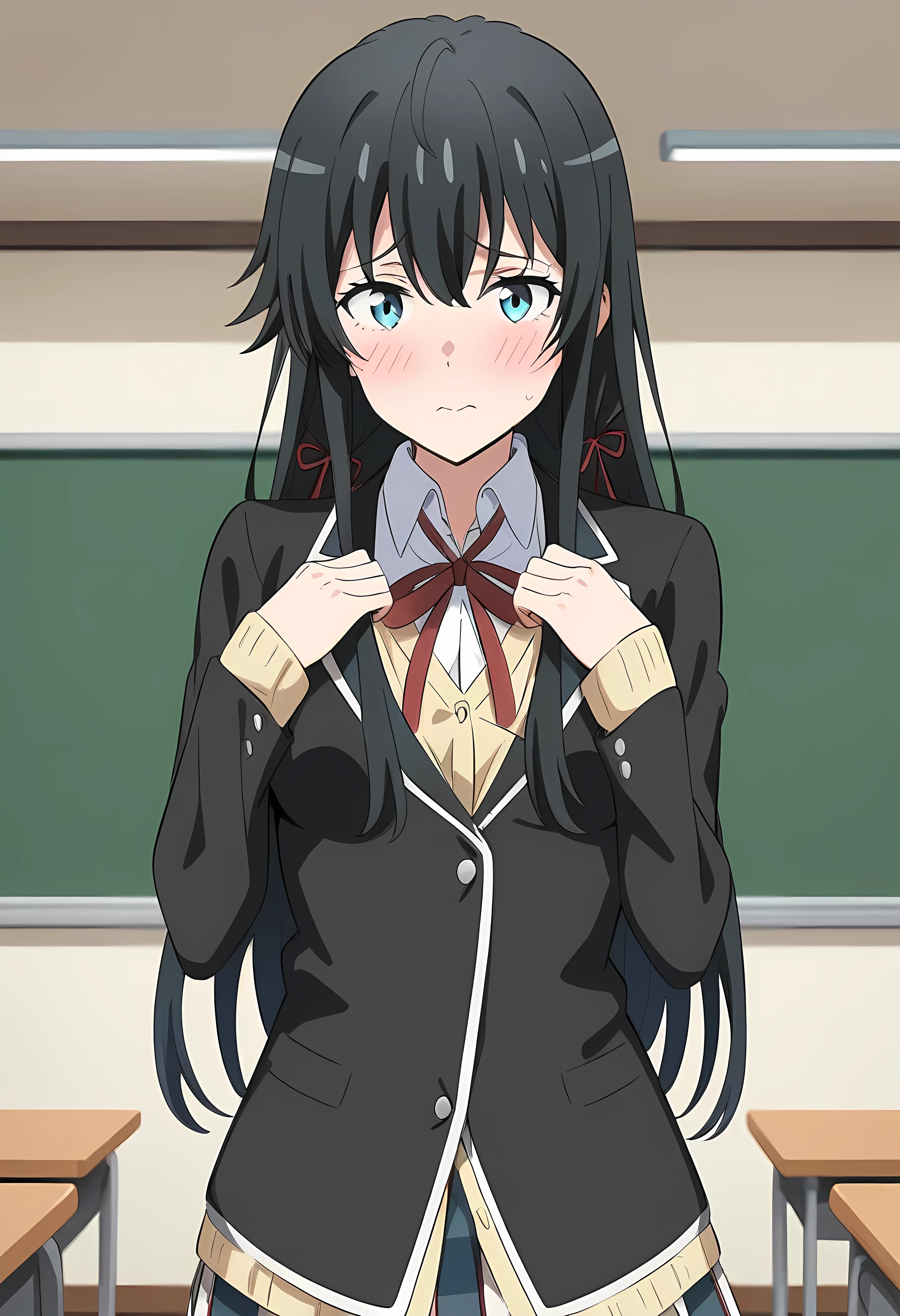 (anime art style:1.0), 2d, masterpiece, best quality, very aesthetic, absurdres, dynamic shadows, atmosferic, yukino_yukinoshita, 1girl, solo, (black hair), long hair, sidelocks, hair between eyes, narrow eyes, blue eyes, medium breasts, adult character, blush, sobu high school uniform, school uniform, red ribbon, neck ribbon, hair ribbons, white shirt, collared shirt, black jacket, yellow cardigan, pleated skirt, shy, nevous, cowboy shot, hands on own chest, (fidgeting), from front, (looking at viewer:1.0), school, classroom, chalkboard, (afternoon), dark