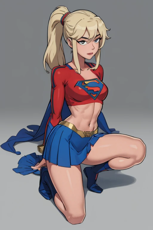 a woman in a superman costume flying through the sky, supergirl,(masterpiece),Red upskirt no panties with exposed Pussy, NSFW, Bubble Butt, With Tattoos, Fair Skin, Perfect face, Genuine Smile, Model, Pose Variations, Long Blonde Hair, Blue Glittering Eyes, Super Girl Costume, Super Girl Outfit, extremely detailed, by stanley, (aroused, pussy_juice_trail:1.3)
Plain Background,