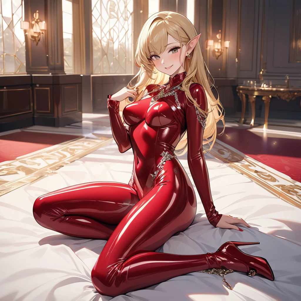 ((Best Quality)), ((masterpiece)), (detailed), （Perfect Face）、The woman is Seras Ashlain, a high elf with medium-long blonde hair wearing a full-body latex suit, luxurious jewelry and an engagement ring.、The woman smiles sweetly and shows off her beautiful body