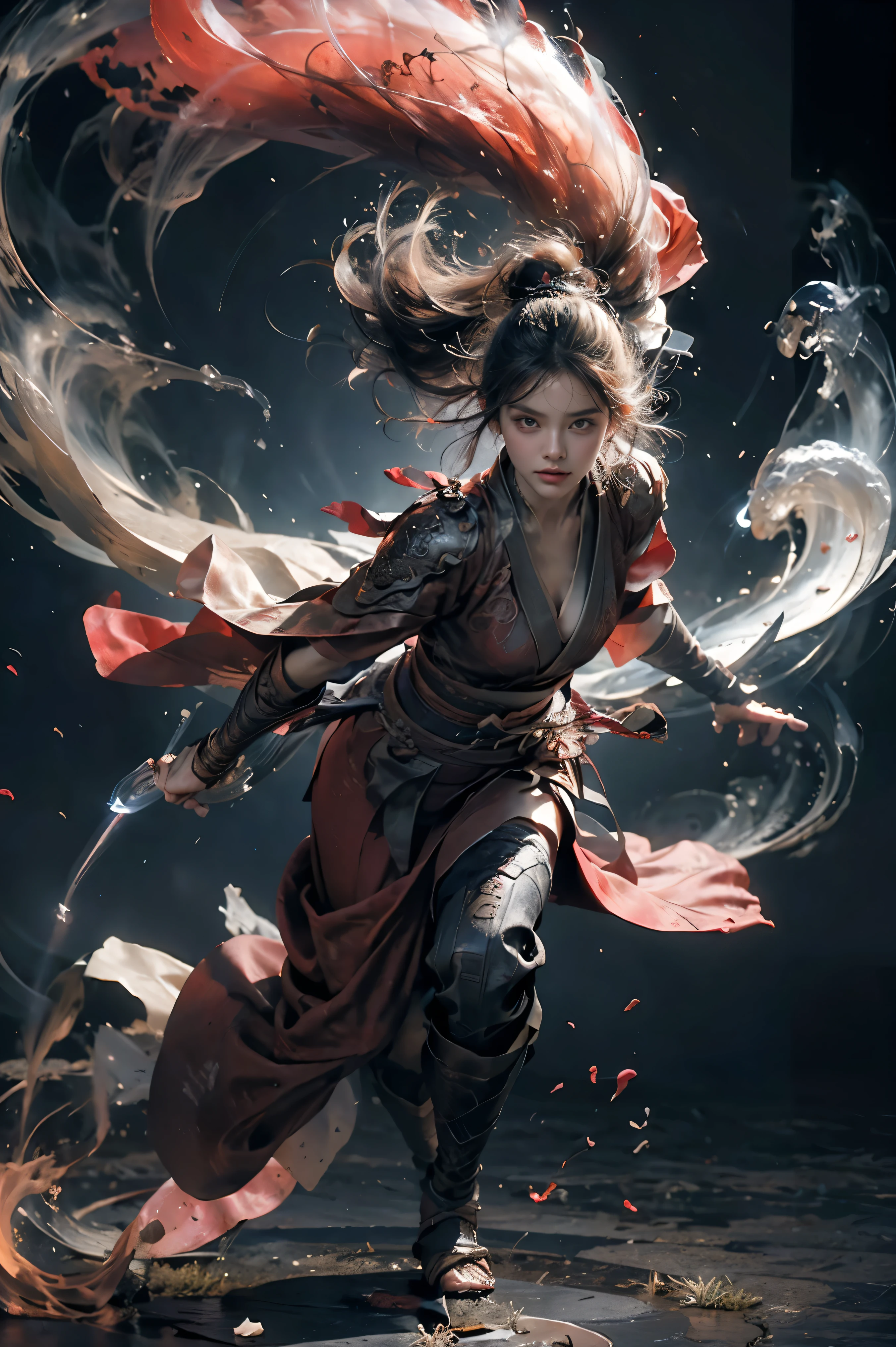 Masterpiece,16k,High quality,Artwork of,Combat spirit,
1 woman,red theme,smog,floating weapon,long sword,bright light,
bright background,handsome face,delicate face,bright surface,Photos taken with a Sony camera,movie light,full body,walk,
Background of circles. swirling smoke, swirling fabric, moon .
Dramatic lighting, dynamic pose. Action. bare skin,
Open robe, cleavage, sexy, alluring, erotic, bare skin.