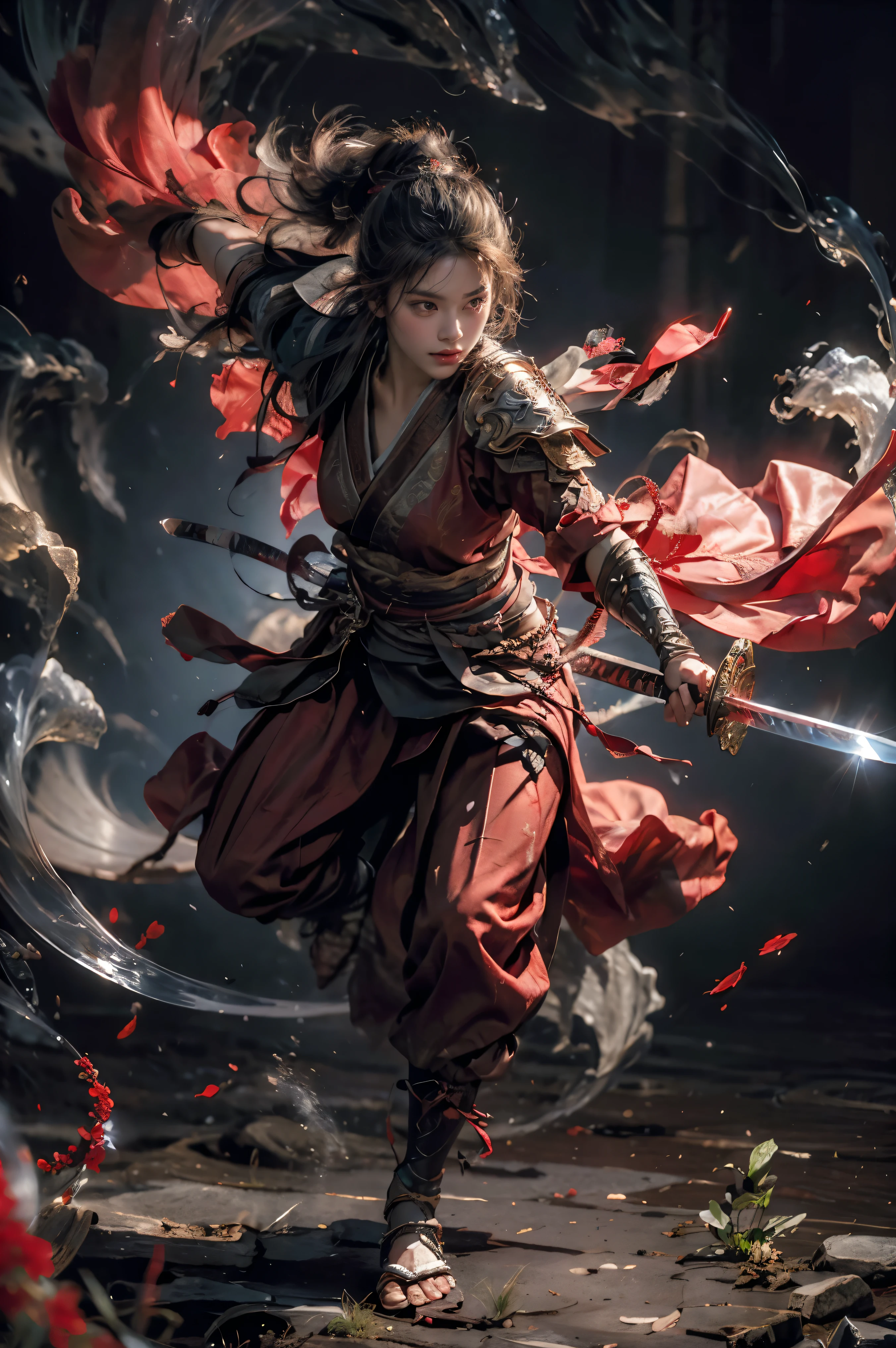 Masterpiece，16k，High quality，Artwork of，Combat spirit，
1 woman，red theme，smog，floating weapon，long sword，bright light，
bright background，handsome face，delicate face，bright surface，Photos taken with a Sony camera，movie light，full body，walk，