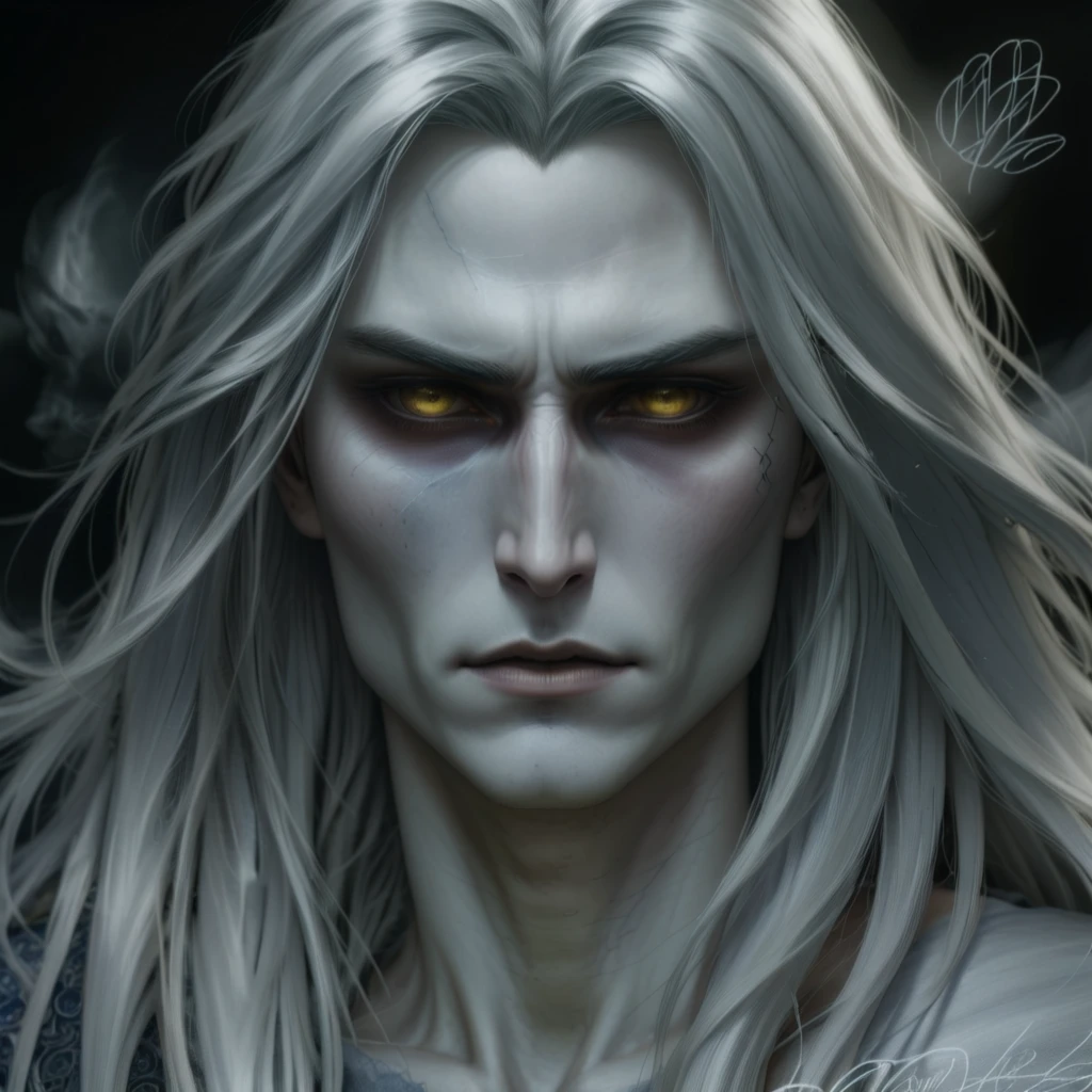 Portrait of vampire with long white hair in a sinister and dark castle, rim lighting, two tone lighting, dimly lit, low key, high contrast, masterpiece, art by ayami kojima