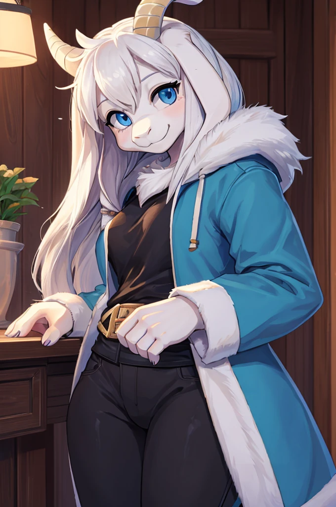 woman, alone, in a house, furry, Goat, anthropomorphic goat, Asriel, Undertale, medium breasts, big ass, medium wide hips, perfect body, tall, long hair, blue eyes, anthro face, cartoon, smile, blue coat, black t-shirt, brown pants, a short tail, goat's tail, looking at the viewer, goat's paw, anthro paw, detailed, best quality, Best detail, details and quality.