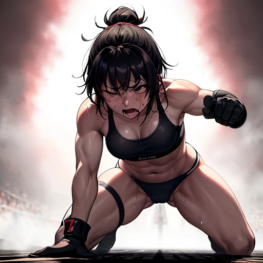 A poor, bloodied, naked Japanese high school girl on her knees with her hands and knees on the floor, kneeling on her knees. She is begging for her life. A boxing club ring. She is covered in sweat, weeping, panting and drooling with her mouth open. Erect nipples. Her poor belly. Tiny breasts. Short cut black hair.