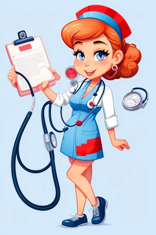 a cartoon of a woman in a nurse outfit holding a stethoscope, nurse girl, nurse, medical doctor, caricature style, doctor, in cartoon style, caricature illustration, nurse costume, full body illustration, hd illustration, with a stethoscope, charicature, nursing, (doctor), cartoon style illustration, close - fitting nurse costume, caricatural