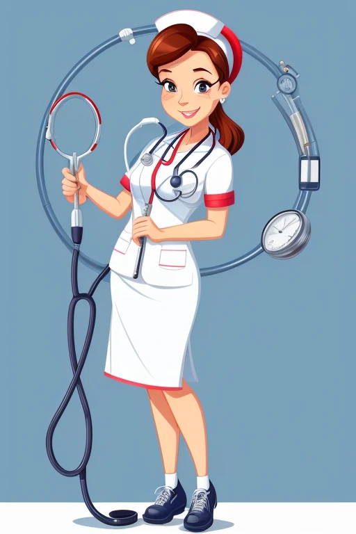 a cartoon of a woman in a nurse outfit holding a stethoscope, nurse girl, nurse, medical doctor, caricature style, doctor, in cartoon style, caricature illustration, nurse costume, full body illustration, hd illustration, with a stethoscope, charicature, nursing, (doctor), cartoon style illustration, close - fitting nurse costume, caricatural