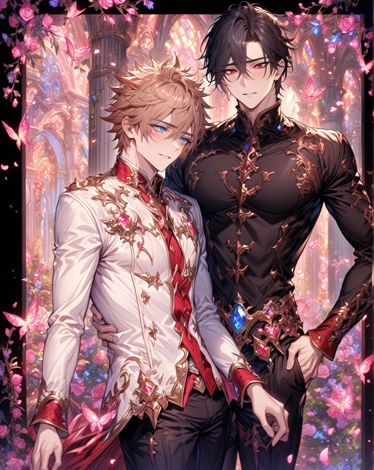 absurdres, highres, ultra detailed, HDR, master piece, best quality, extremely detailed, detailed eyes, detailed face, Kaerius, black hair, spiky hair, hair between the eyes, expressive red eyes, Dream And Legacy, Nair, brown hair, expressive blue eyes, two sexy men together, yaoi, gay couple, couple, in love, handsome, adult face, manly, black clothes, white clothes, magical, fantasy, window, pillars, garden, pink particles, pink radiant butterflies, pink glittering roses, pink petals, Granblue Fantasy